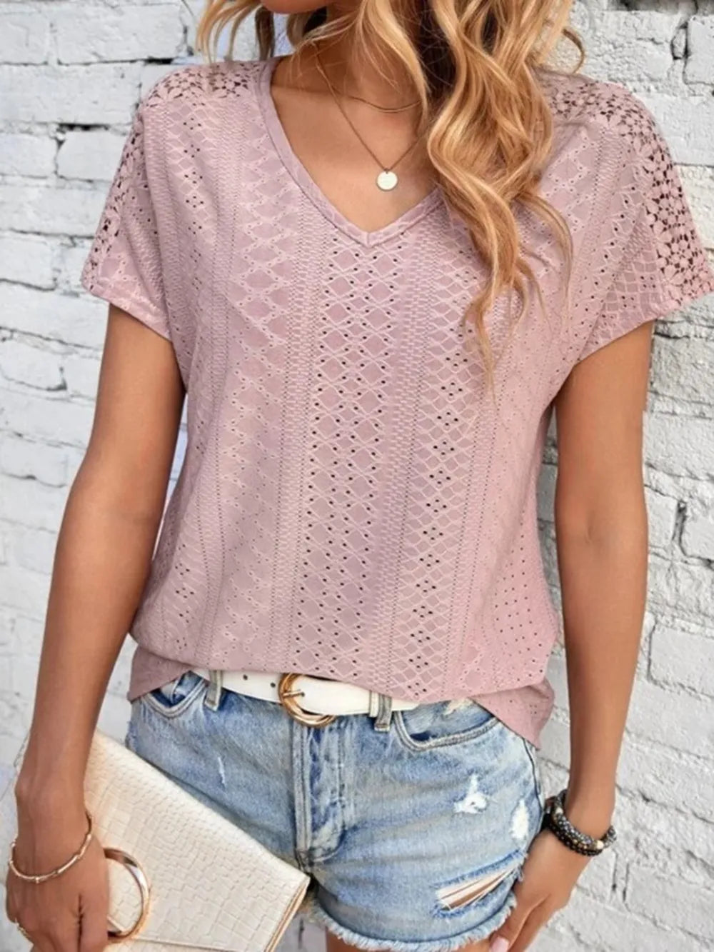 Eyelet V-neck Short Sleeve T-shirt (14)
