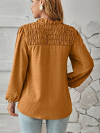 Ruched Swiss Dot Notched Balloon Sleeve T-shirt (14)