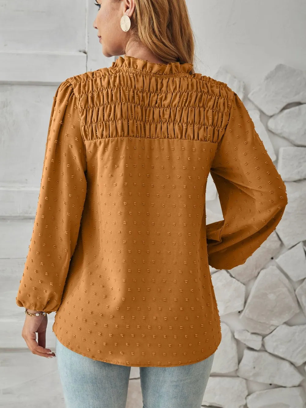 Ruched Swiss Dot Notched Balloon Sleeve T-shirt (14)