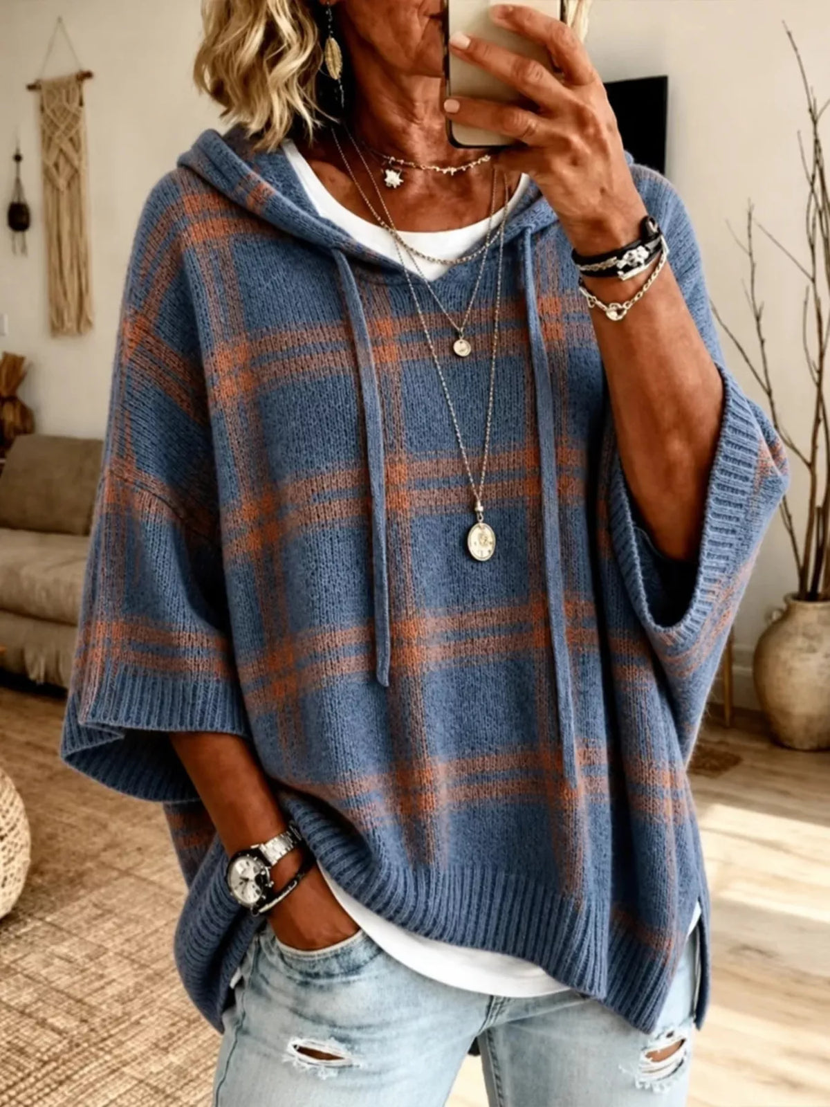 Plaid Hooded Knit Sweater