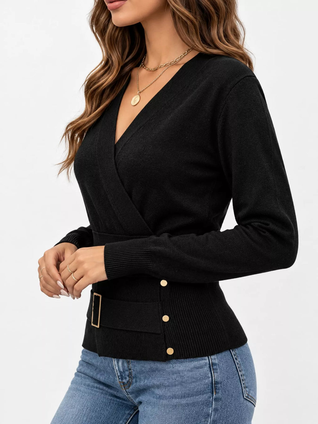 Surplice Elastic Waist Long Sleeve Knit Top (25)