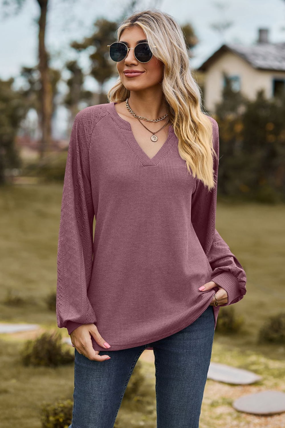 Notched Neck Raglan Sleeve Blouse (3)