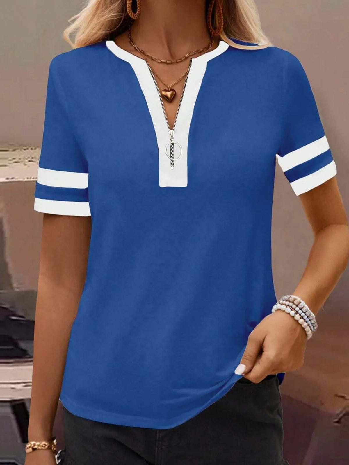 Striped Short Sleeve Half Zip Top (2)