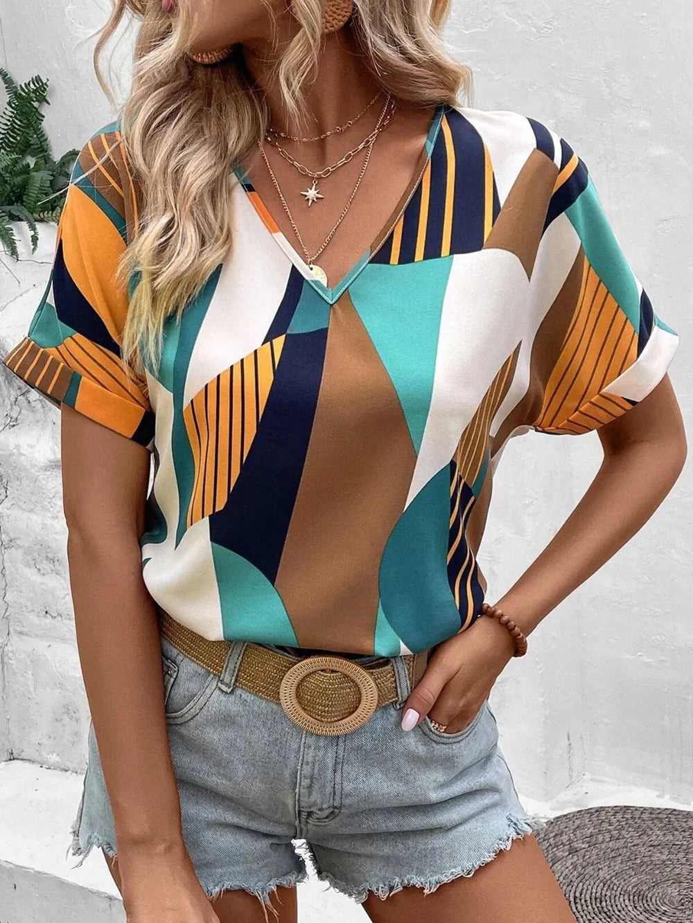 Printed V-neck Short Sleeve Blouse (8)