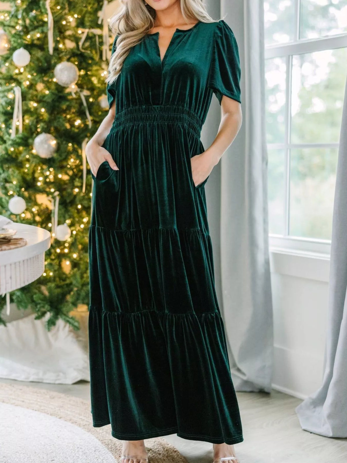 Velvet Tiered Short Sleeve Maxi Dress (2)