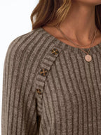 Ribbed Knit Decor Button Long Sleeve T-shirt (29)