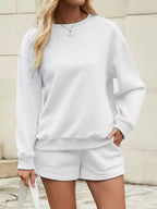 Round Neck Dropped Shoulder Top Drawstring Shorts Set (19)