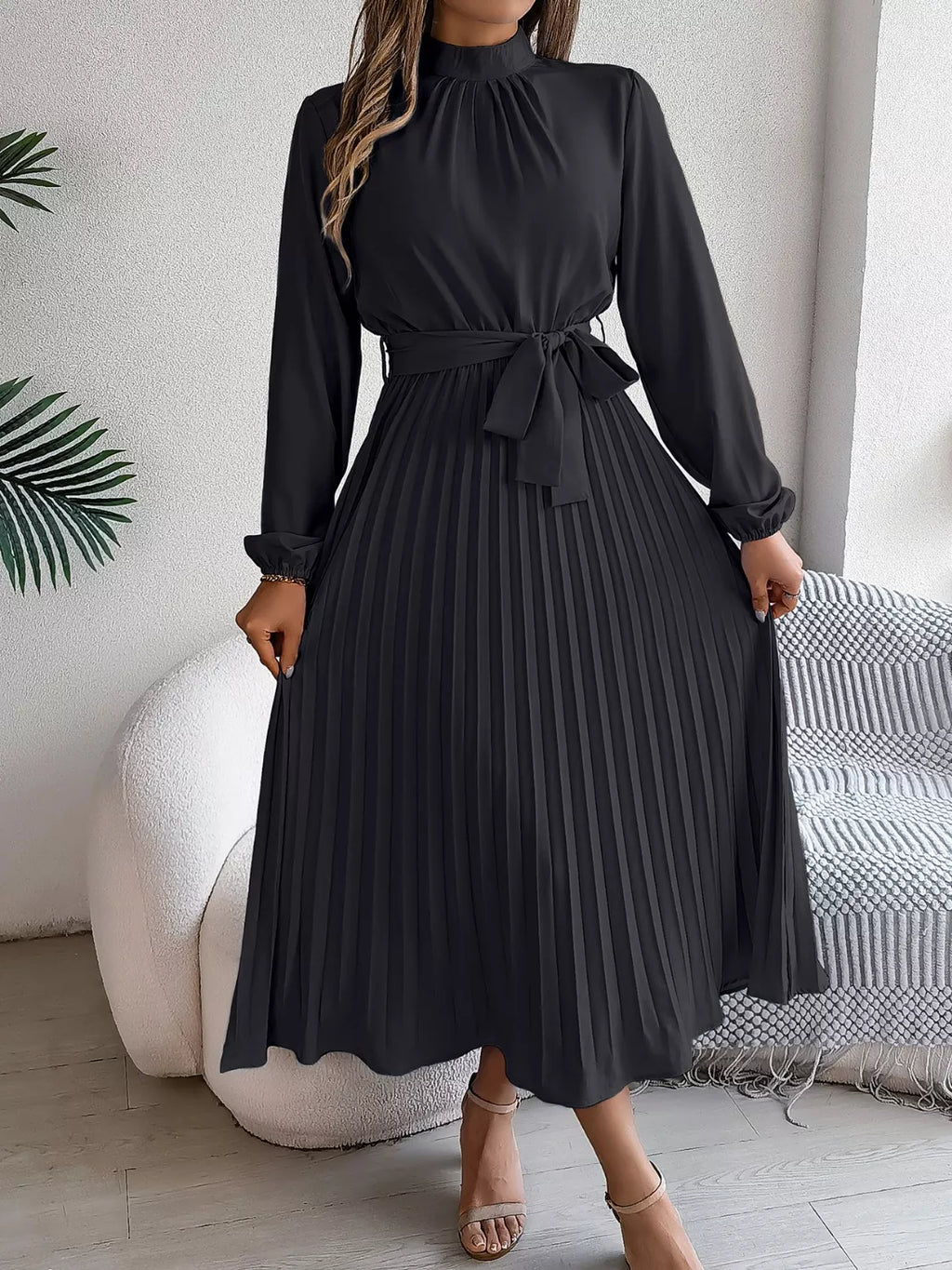 Mock Neck Pleated Midi Dress (24)