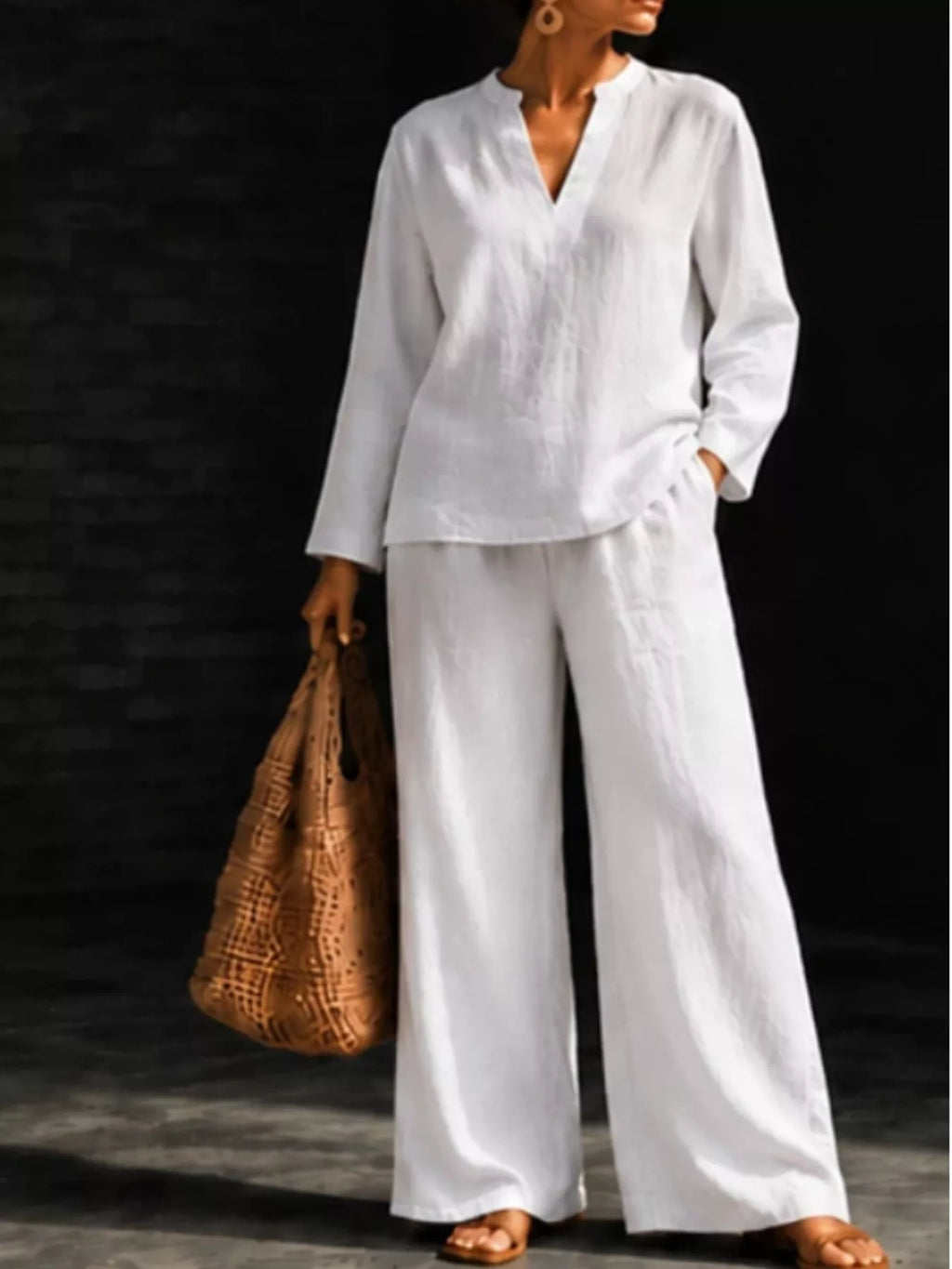 Notched Long Sleeve Top Pants Set
