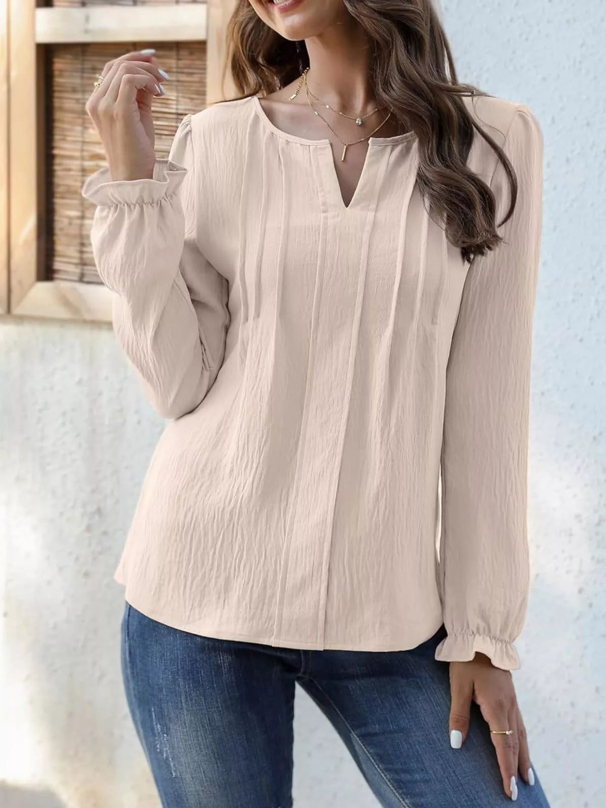 Notched Ruffle Cuff Blouse (7)