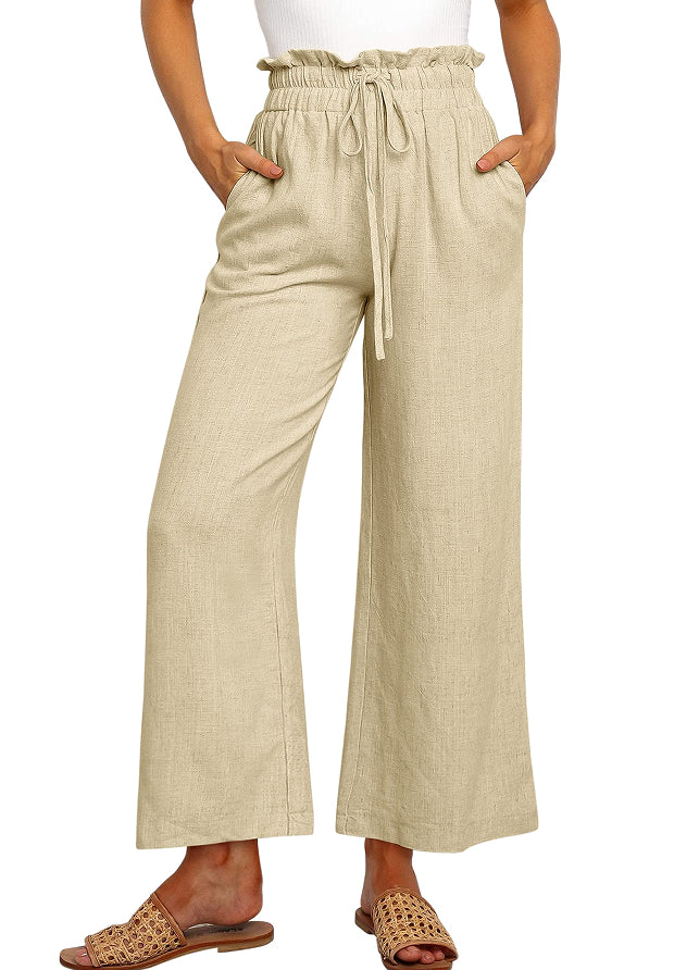 Elastic Waistband Lace-up Wide Leg Pants Solid Color Cropped (6)