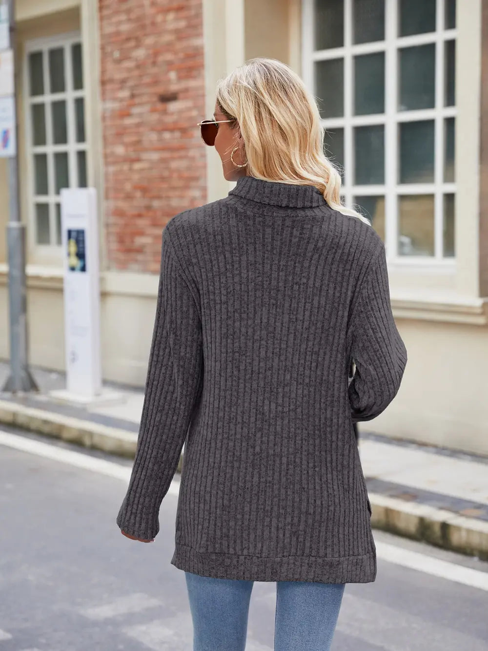 Ribbed Turtleneck Long Sleeve Slit Knit Top (25)