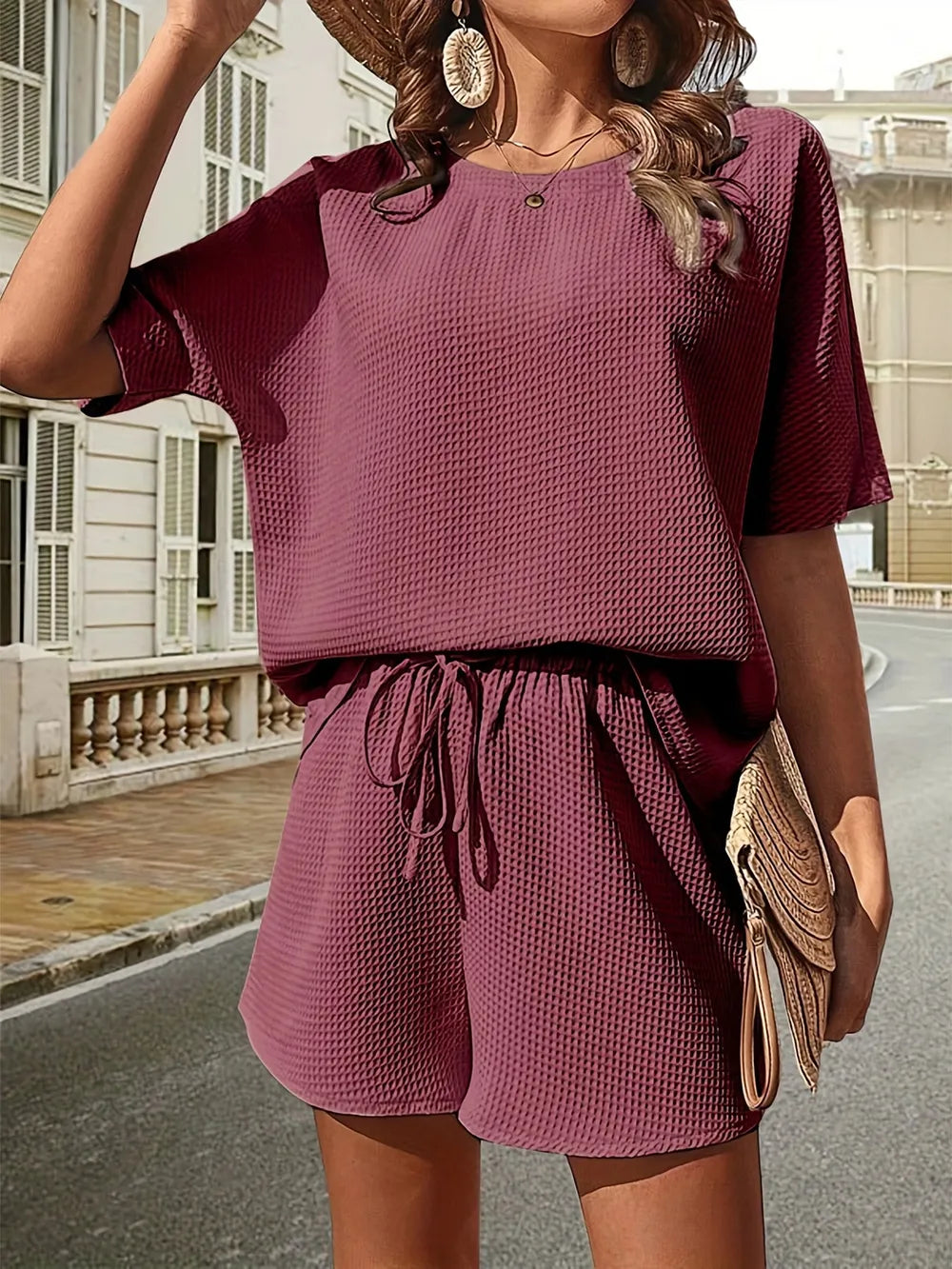 Waffle-knit Half Sleeve Top Shorts Set (21)