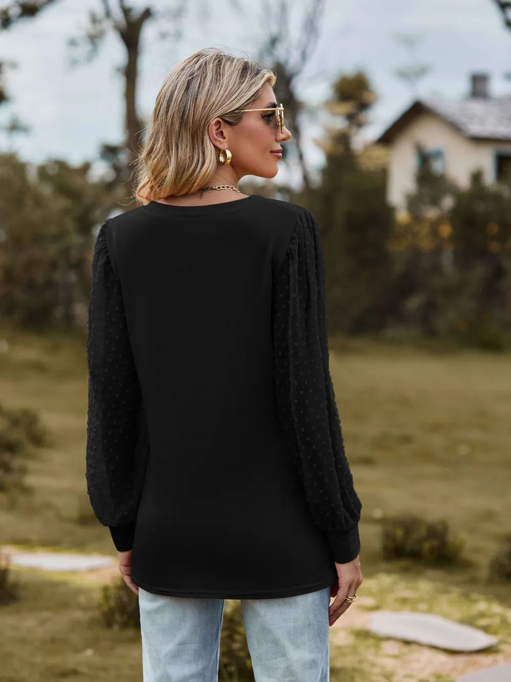 Swiss Dot V-neck Long Sleeve Blouse (9)