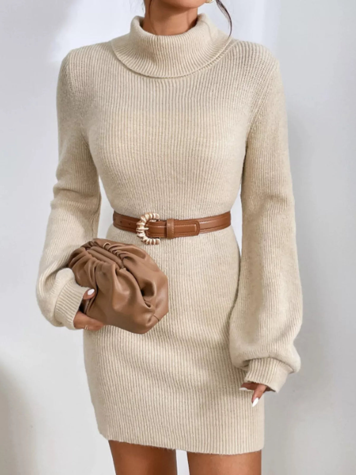 Turtleneck Ribbed Knit Sweater Dress (7)