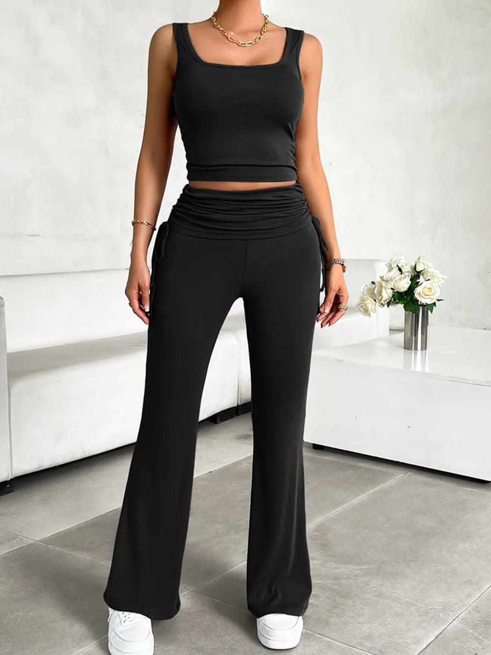 Square Neck Tank Drawstring Pants Set (3)