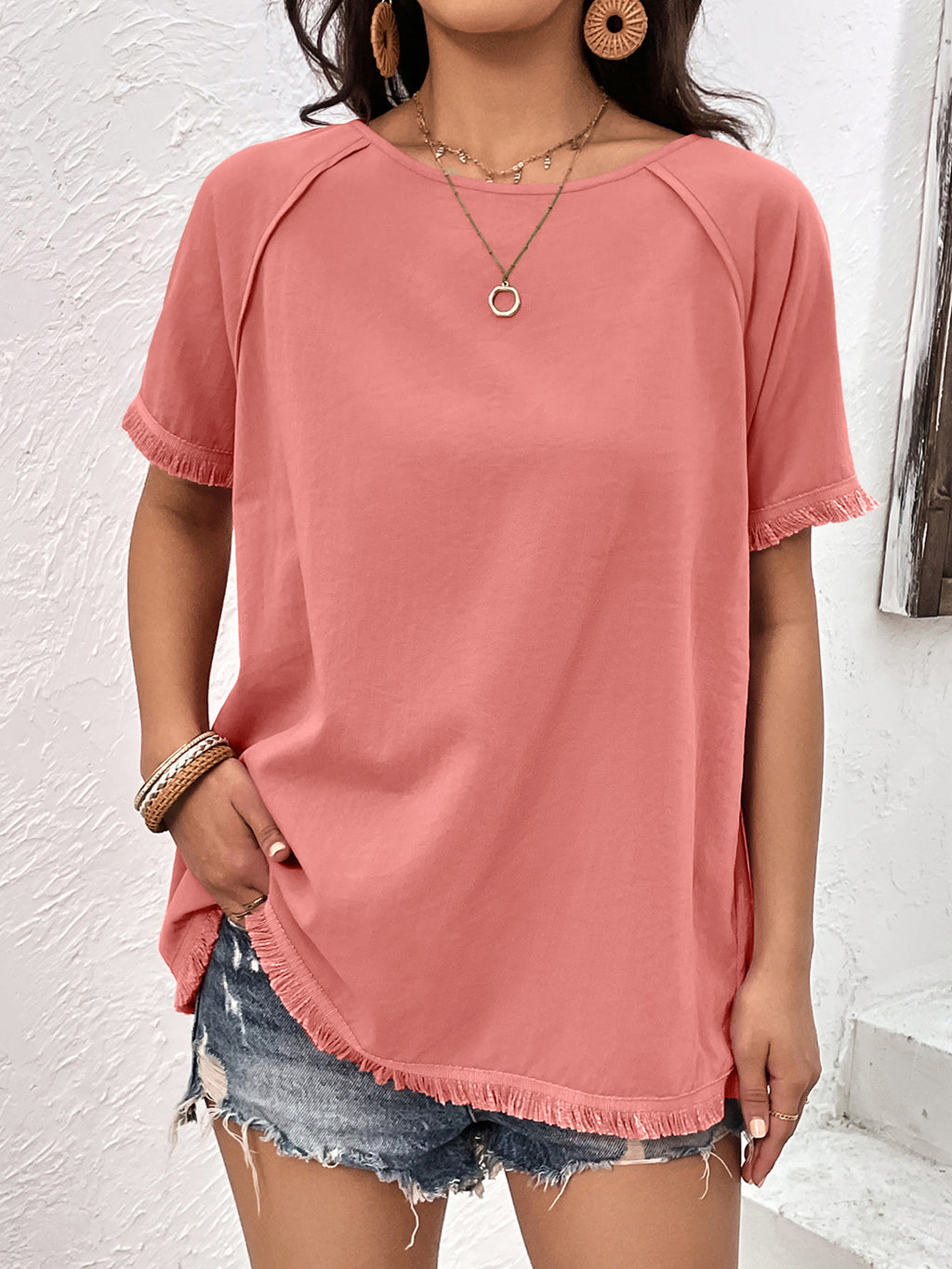 Round Neck Raglan Sleeve Fringe Detail Top (4)