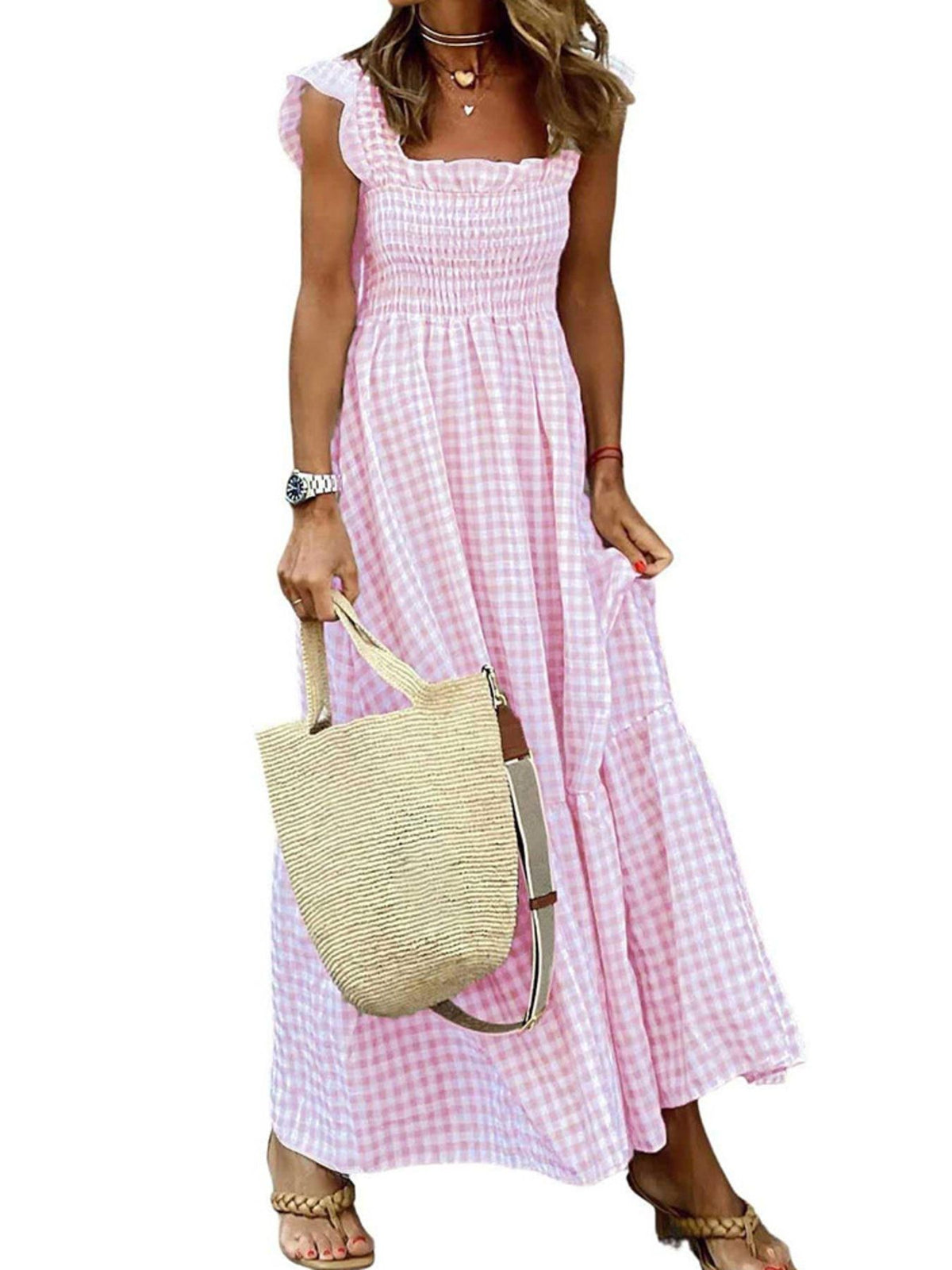 Ruffled Sleeveless Gingham Midi Dress (11)