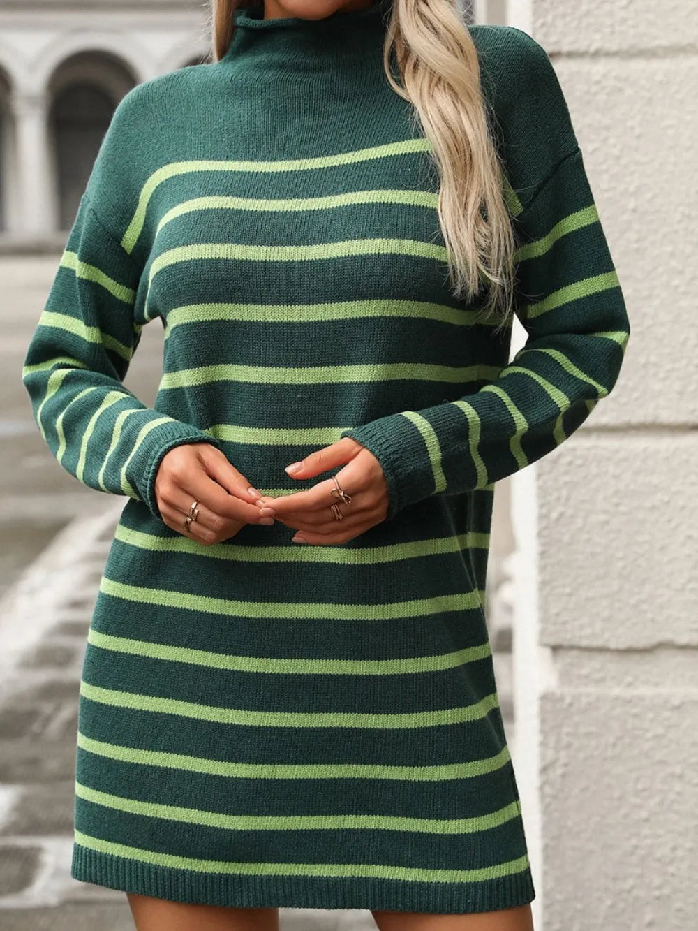 Striped Mock Neck Long Sleeve Mini Dress (12)