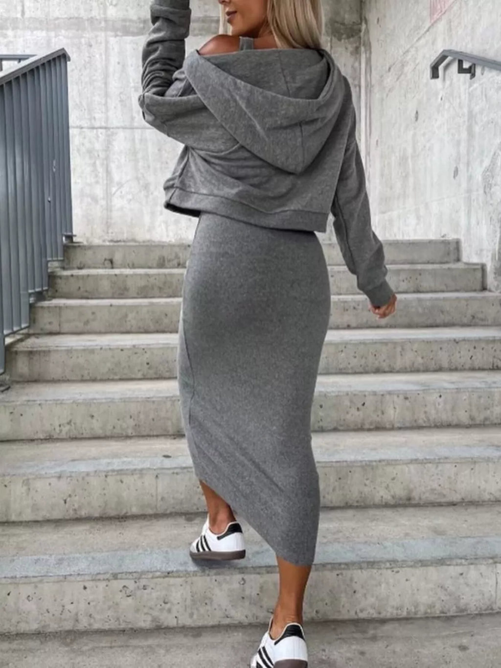 Solid Color Tank Dress V-neck Hoodie Set (13)