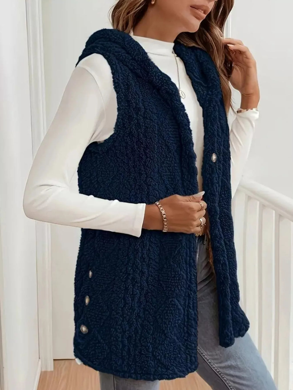 Button-down Sherpa Hooded Vest Coat (6)