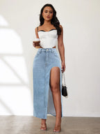 High Rise Slit Denim Skirt (6)