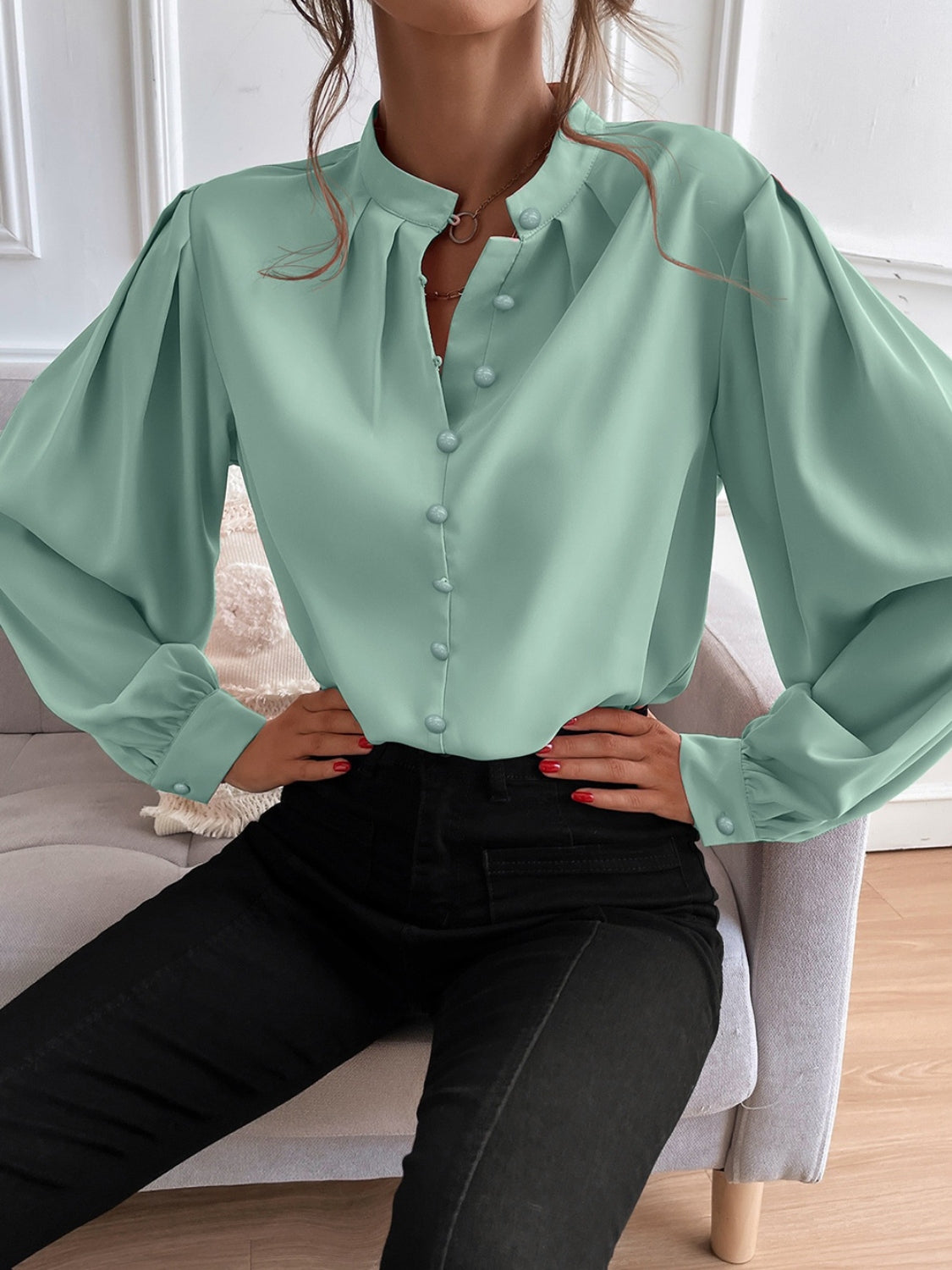 Mock Neck Button Front Shirt (3)