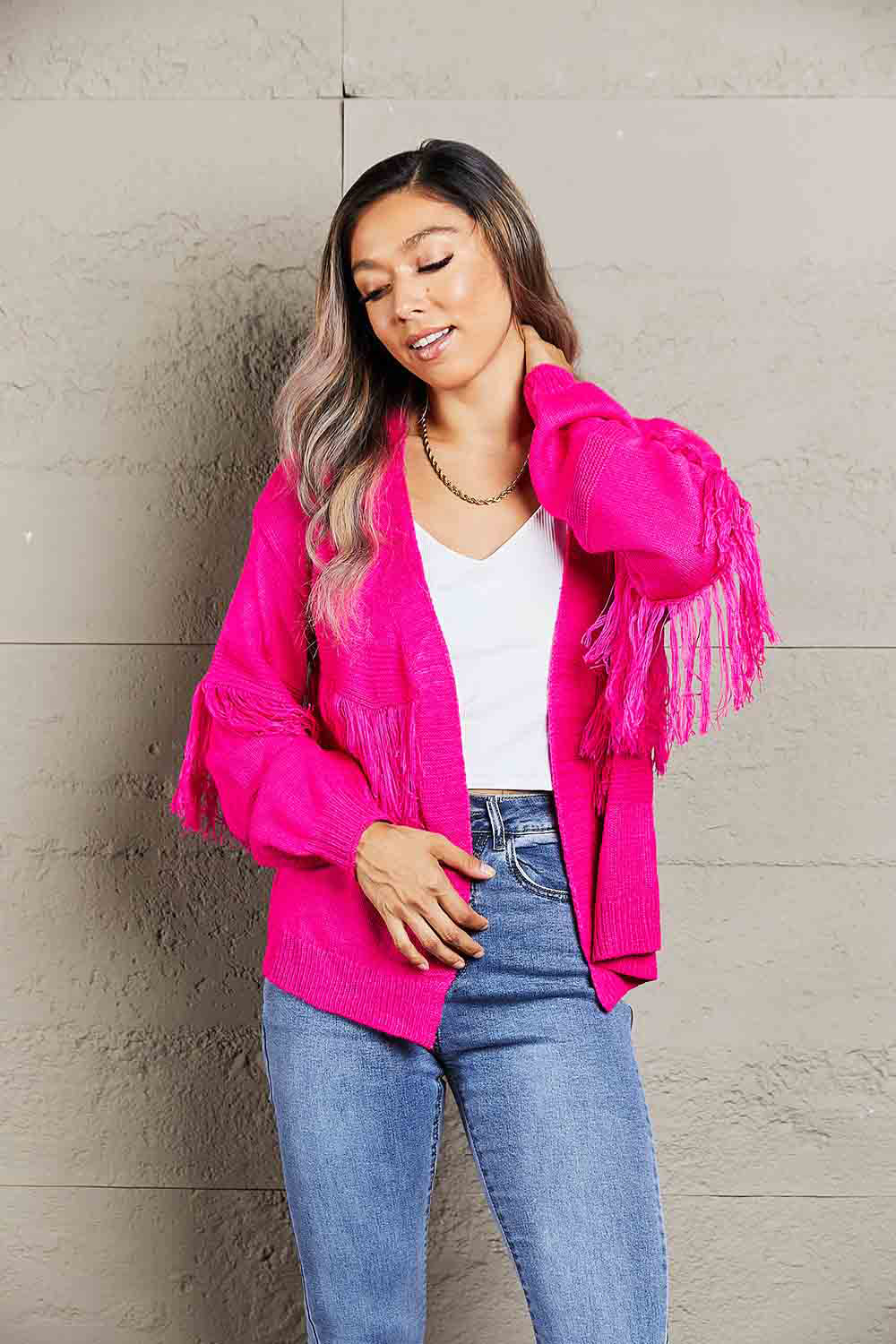 Fringe Trim Open Front Cardigan (2)