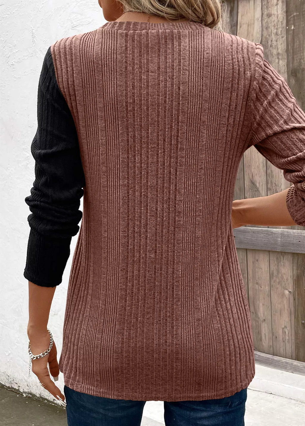 Block Ribbed Knit Decor Button T-shirt (19)