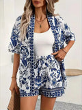 Printed Open Front Cardigan Shorts Set