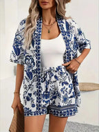Printed Open Front Cardigan Shorts Set