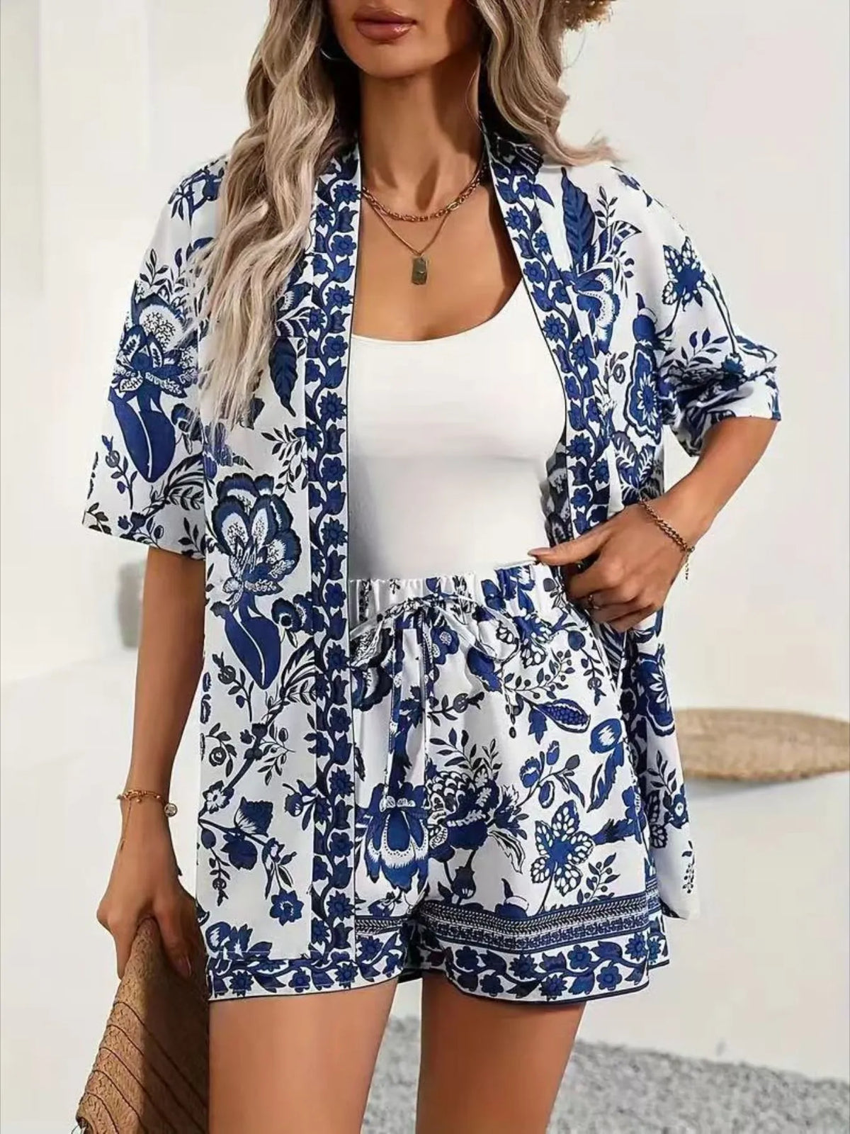 Printed Open Front Cardigan Shorts Set