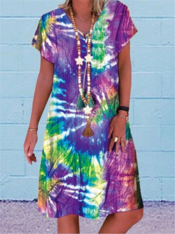Printed V-neck Dress variant CJNSSYLY08029-Purple-M|CJNSSYLY08029-Purple-XXL|CJNSSYLY08029-Purple-3XL|CJNSSYLY08029-Purple-XL|CJNSSYLY08029-Purple-L|CJNSSYLY08029-Purple-5XL|CJNSSYLY08029-Purple-S|CJNSSYLY08029-Purple-4XL