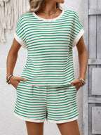 Striped Casual Round Neck Top Shorts Set (15)