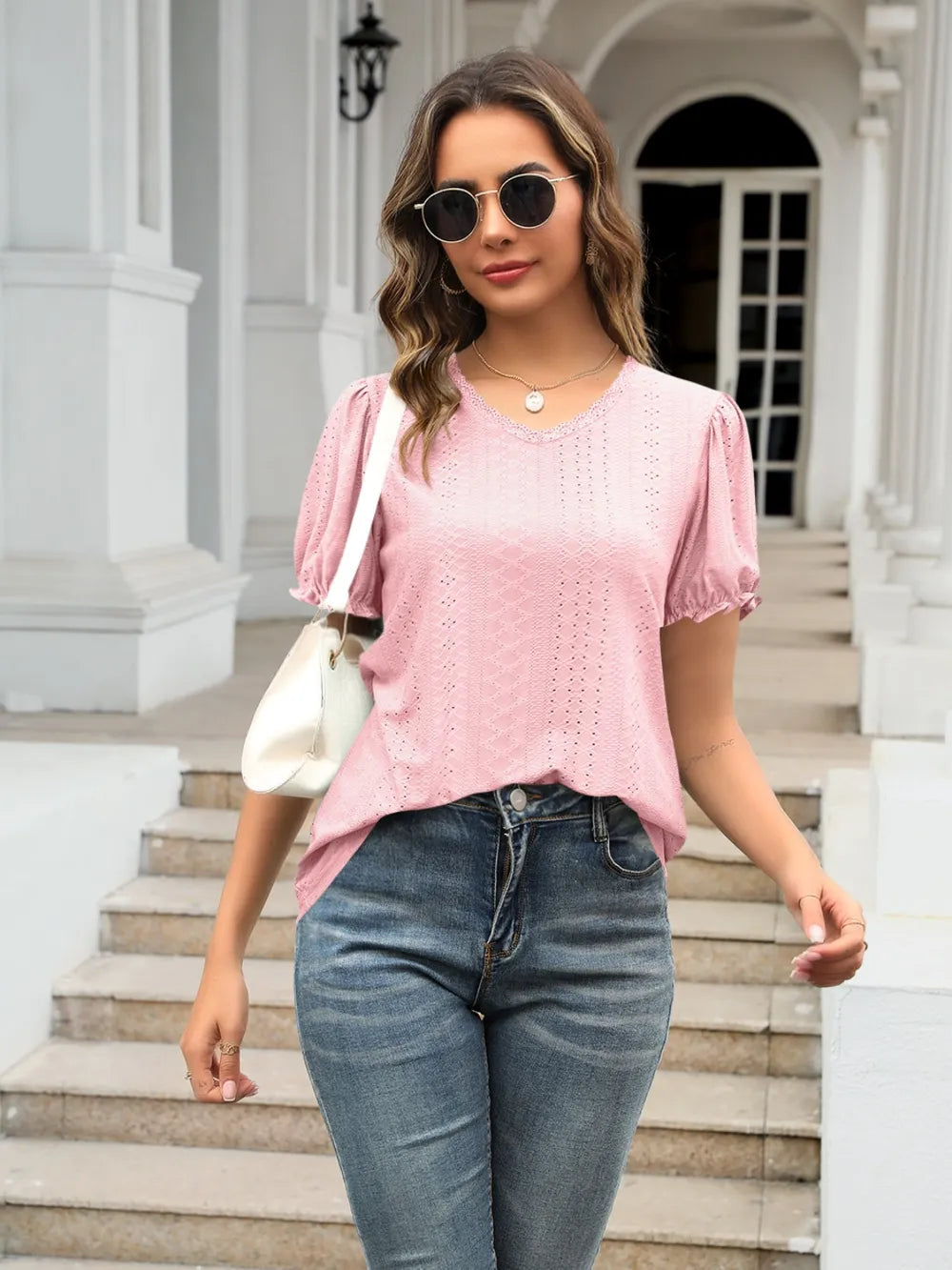 Eyelet Round Neck Short Sleeve Blouse (11)