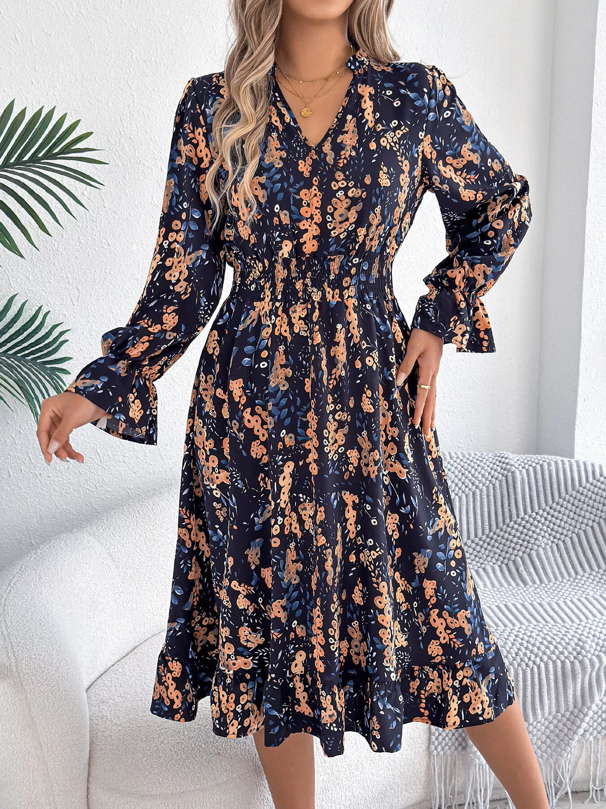 Floral Print Ruffle Hem Flounce Sleeve A-line Dress (3)