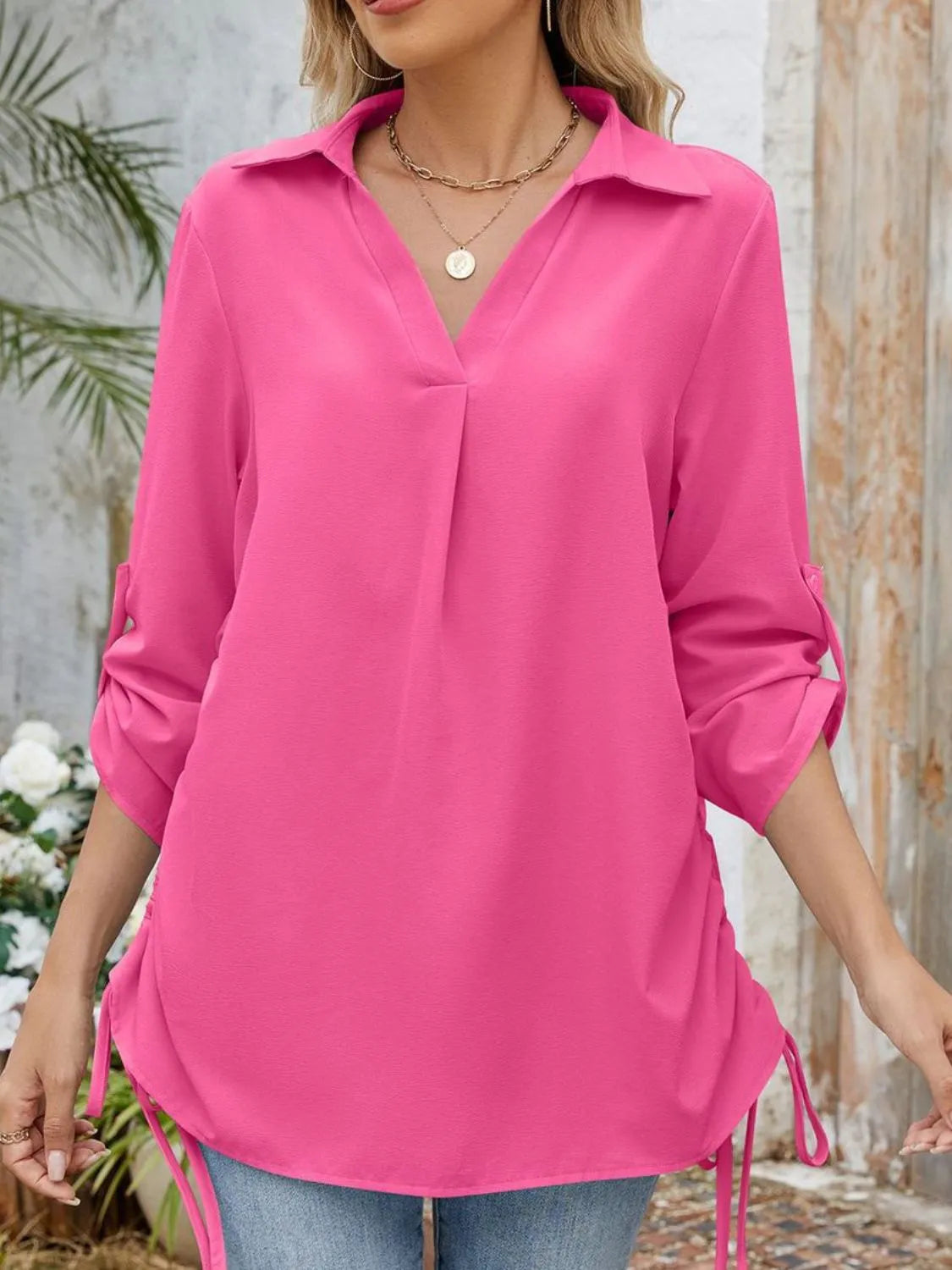 Drawstring Johnny Collared Three-quarter Sleeve Top (4)