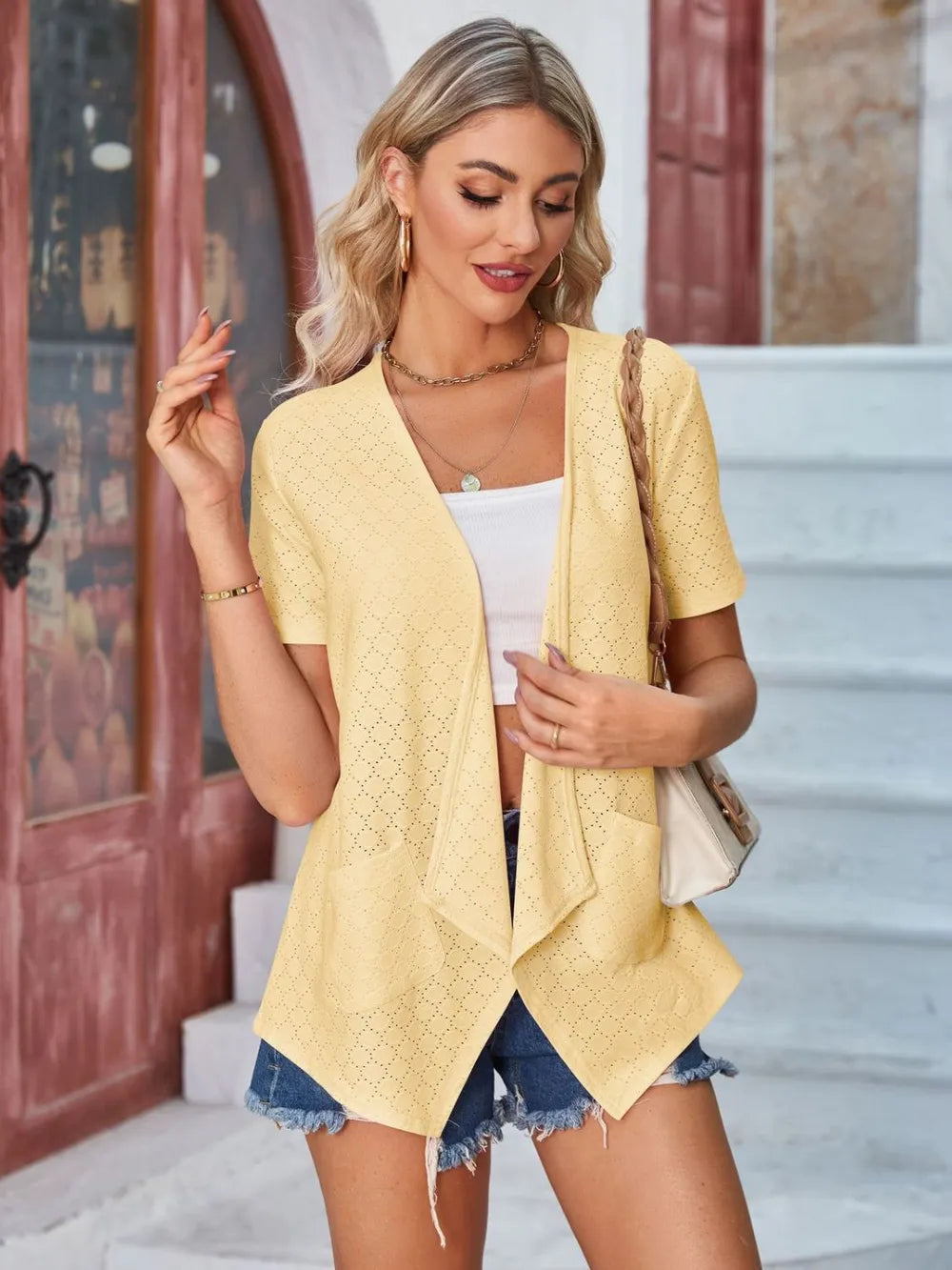 Eyelet Open Front Short Sleeve Cover Up (18)
