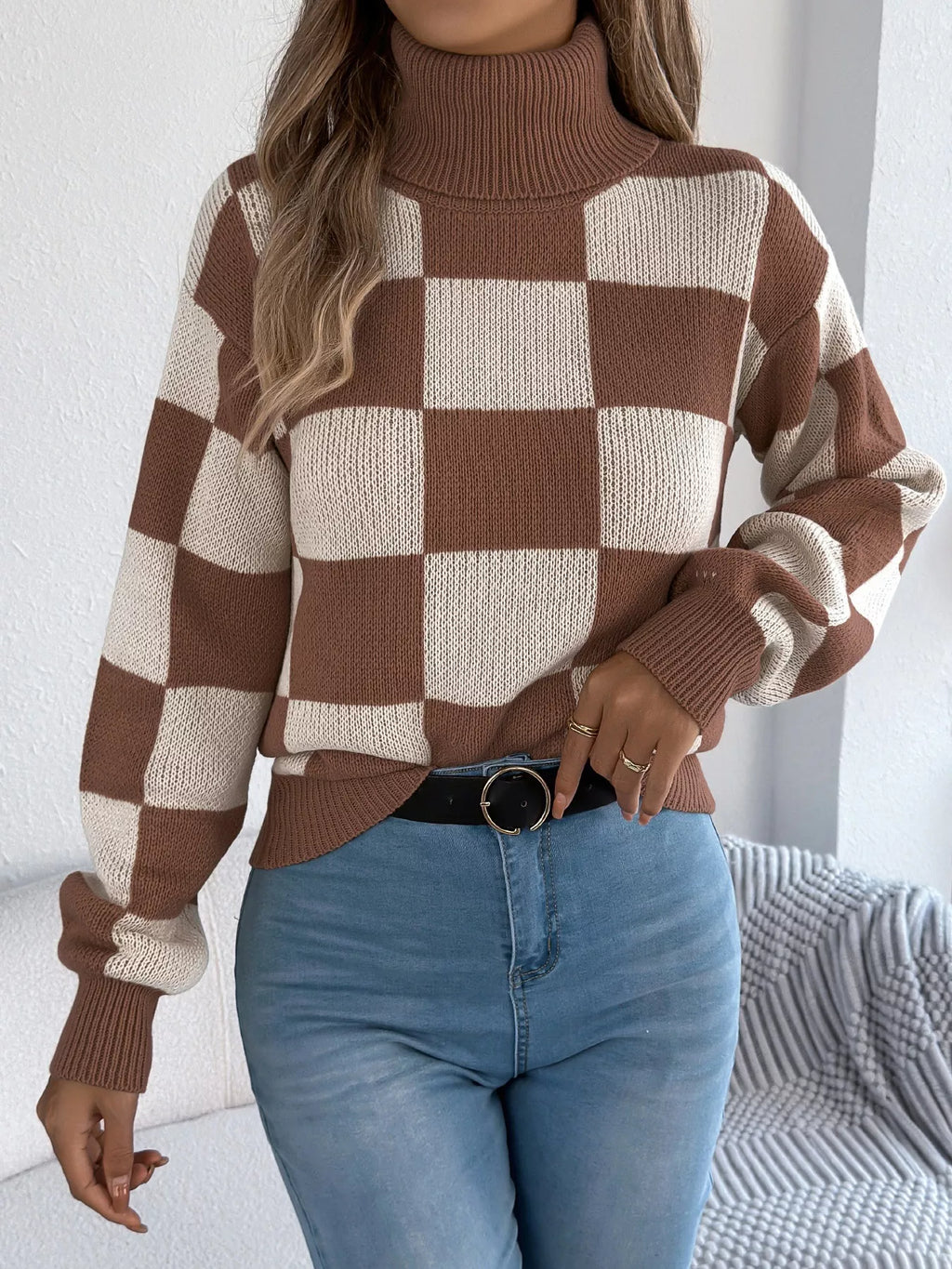Checkered Turtleneck Long Sleeve Sweater (17)