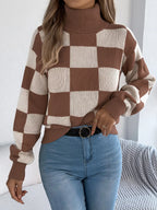 Checkered Turtleneck Long Sleeve Sweater (17)
