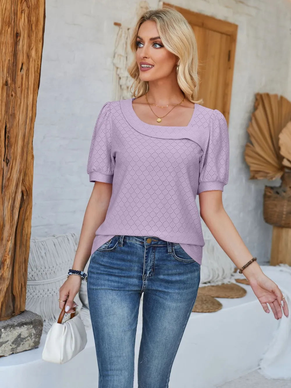 Eyelet Asymmetrical Neck Short Sleeve T-shirt (19)