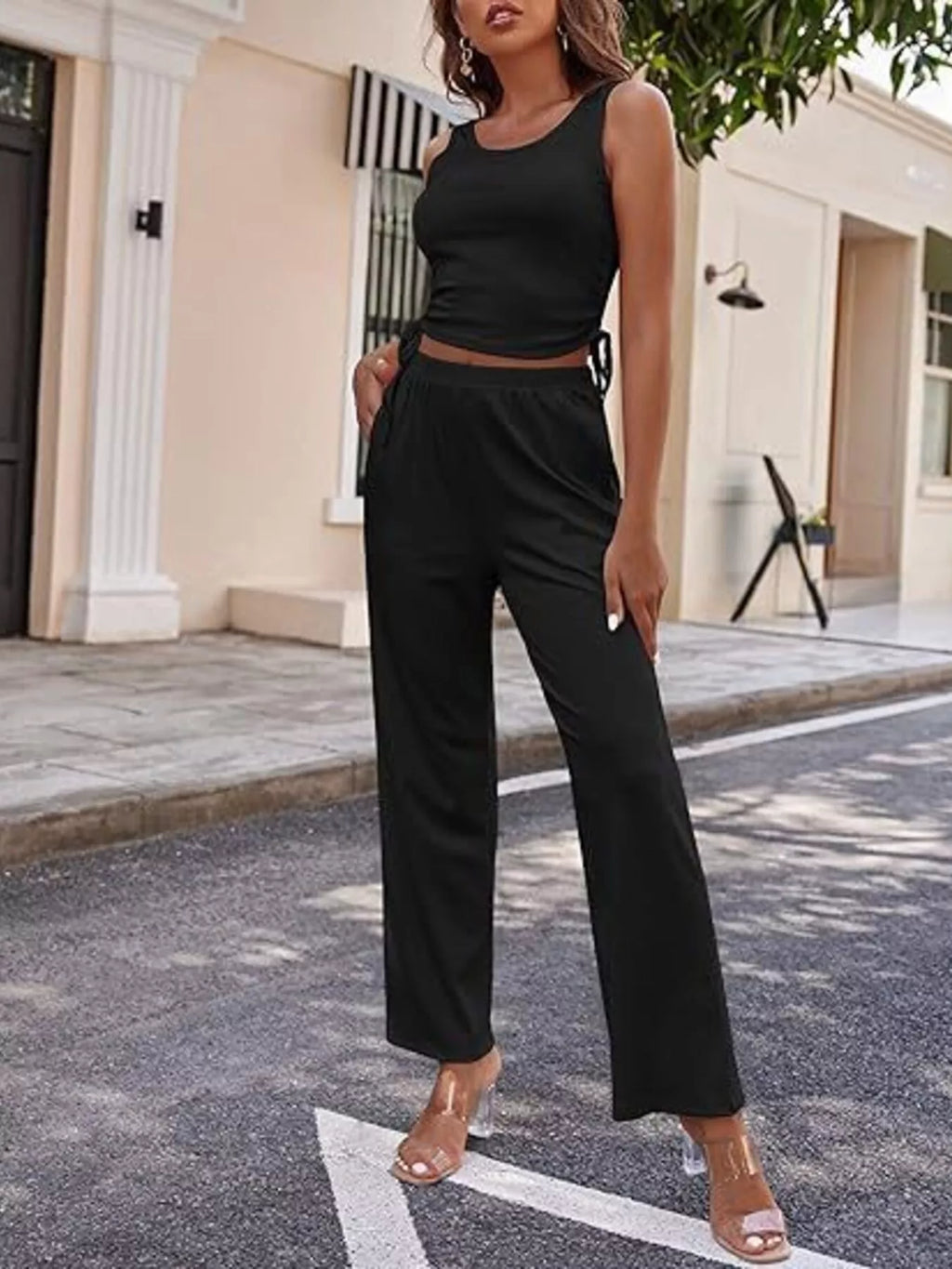 Round Neck Tank Cardigan Pants Set (2)