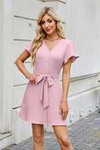 Tied Button Up Short Sleeve Mini Shirt Dress (8)