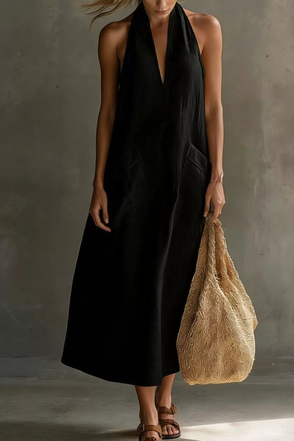 Casual Halter Neck Pocket Midi Dress (14)