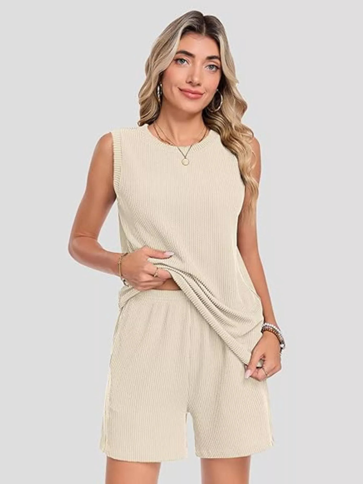 Casual Ribbed Knit Sleeveless Top Shorts Set (8)