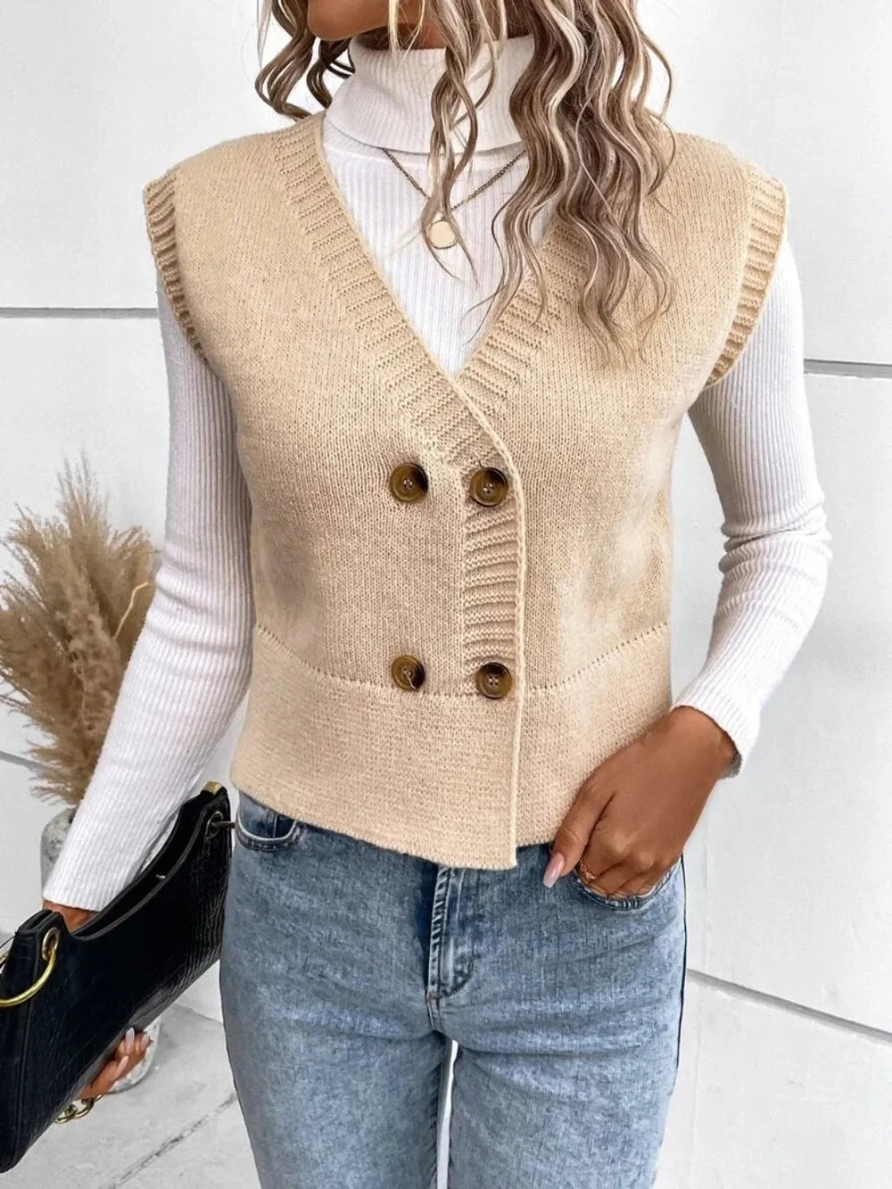 Full Size Button Up V-neck Sweater Vest