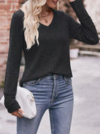 V-neck Ribbed Knit Long Sleeve T-shirt (15)