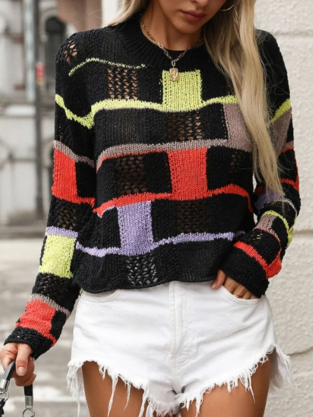 Openwork Block Round Neck Sweater (12)