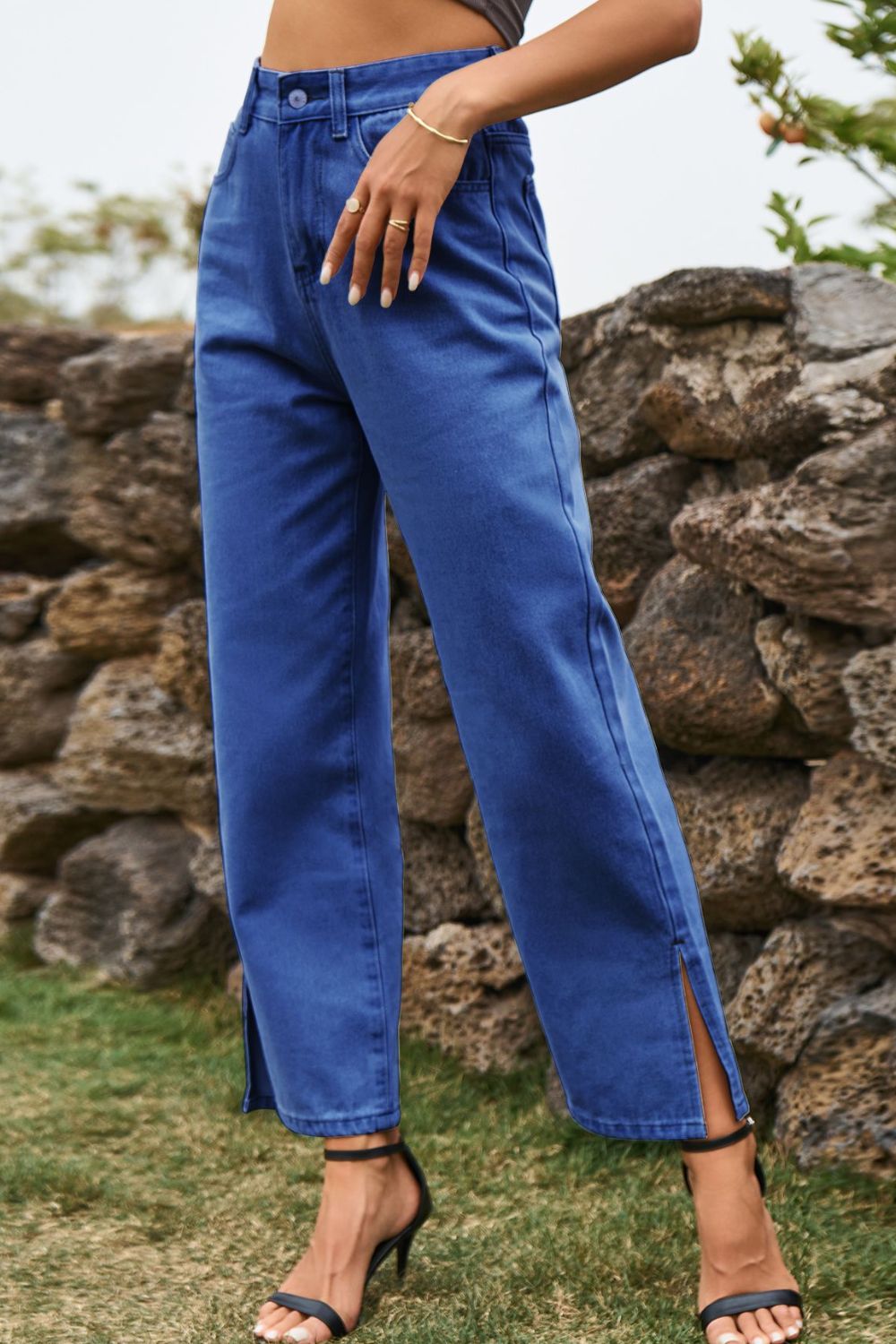 High Waist Loose Fit Ankle Slit Jeans (5)
