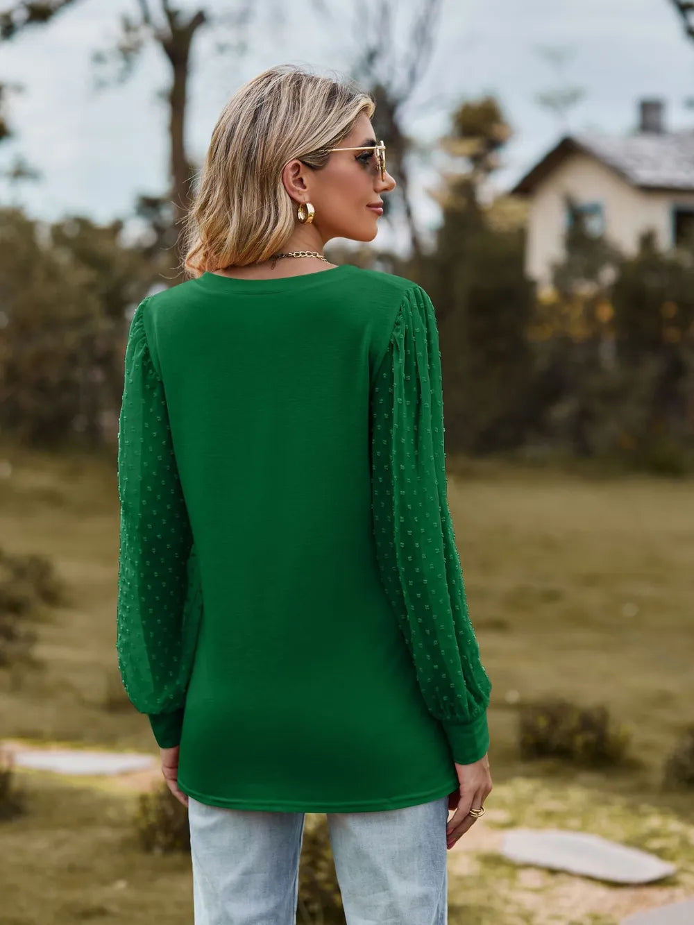 Swiss Dot V-neck Long Sleeve Blouse (21)
